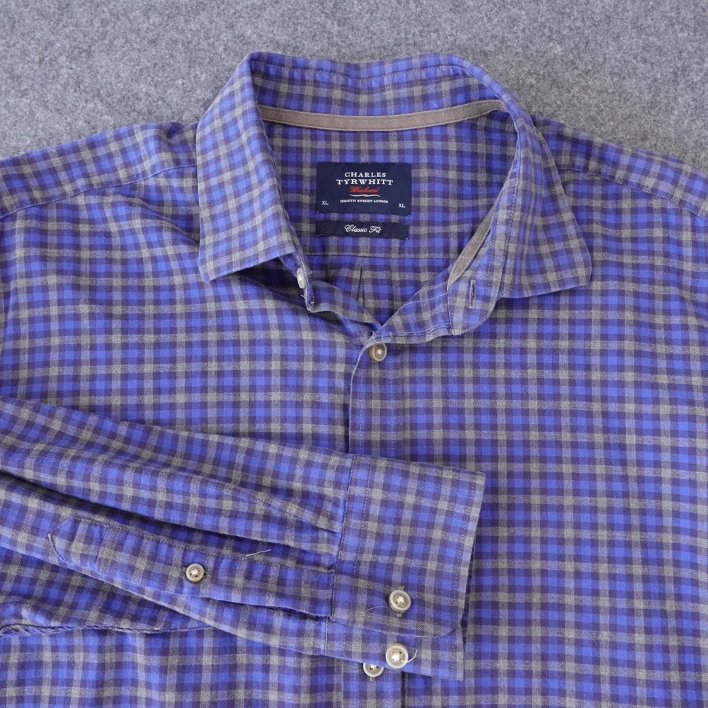 Charles Tyrwhitt Weekend Blue Grey Gingham Flannel Shirt Classic Fit XL ESA5